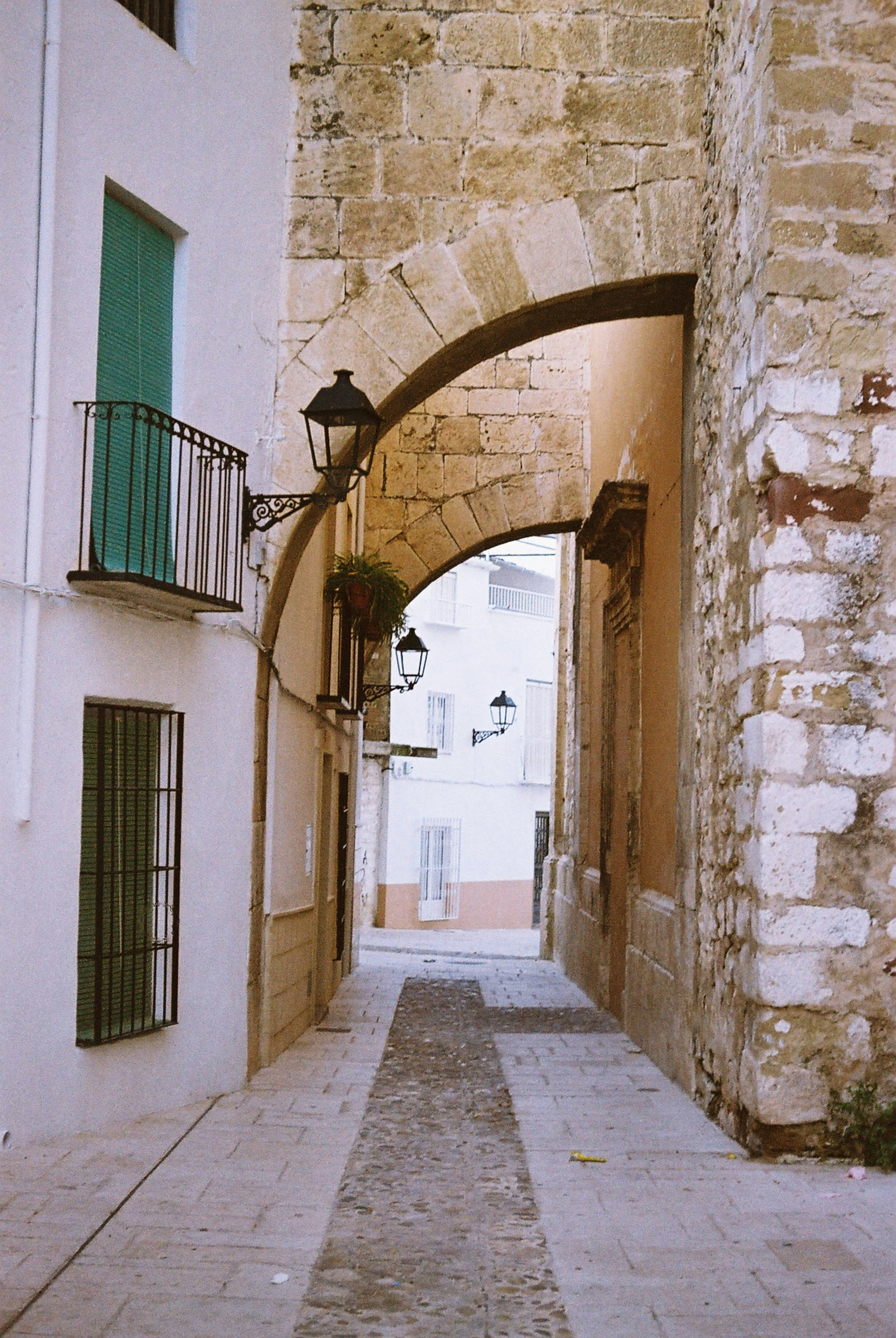 the narrow alley with a stone paved road leads to an arched door