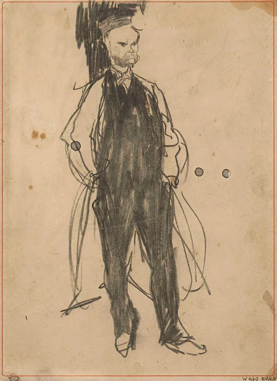 an old po shows a drawing of a man in an unusual suit