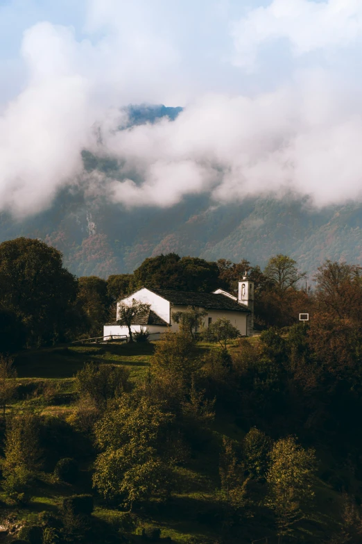 a house and trees with the mountains behind it