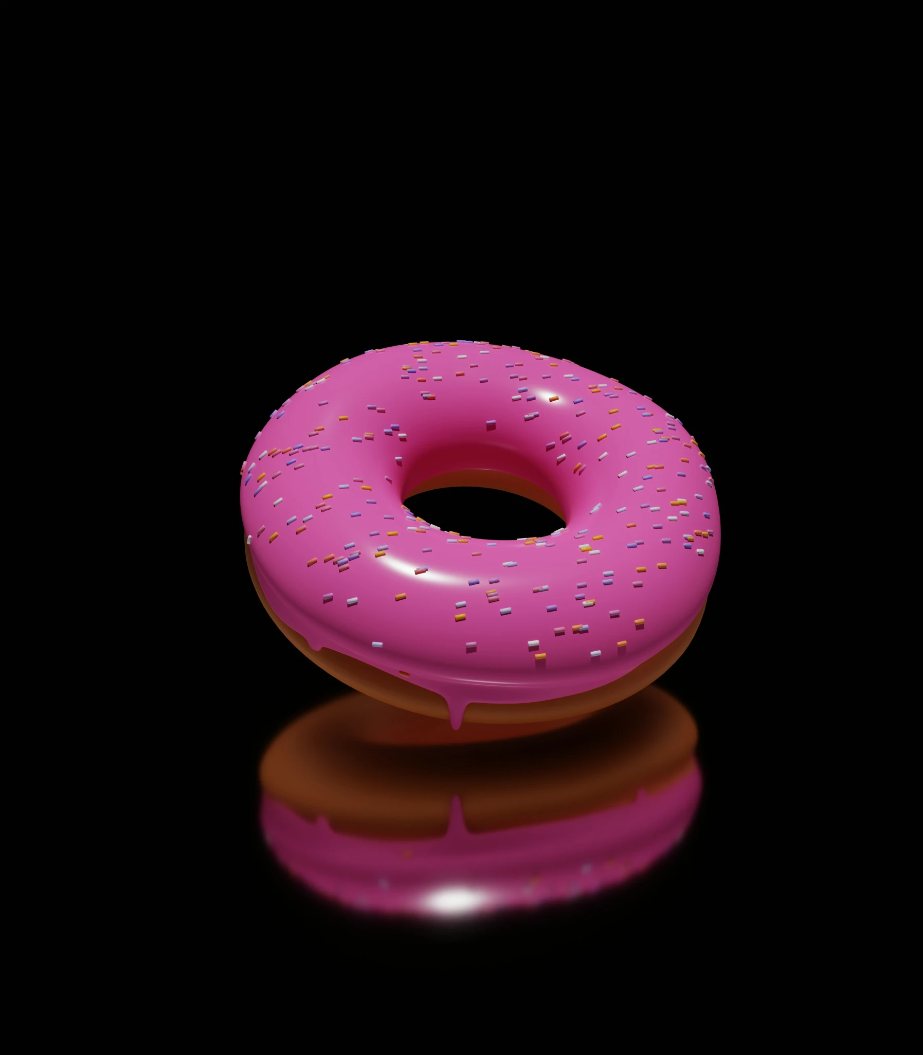 a pink doughnut with chocolate icing and sprinkles