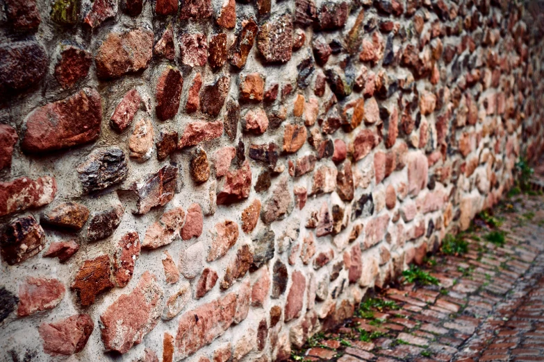 red and tan stone wall with green plants