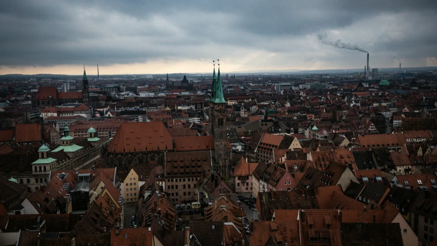 looking down on a city from an upper level of a building