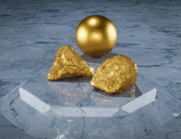 a gold ball and two pieces of gold glittered fabric
