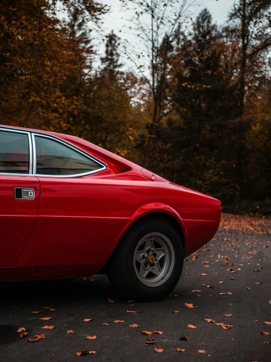 red car parked next to wooded area in a park