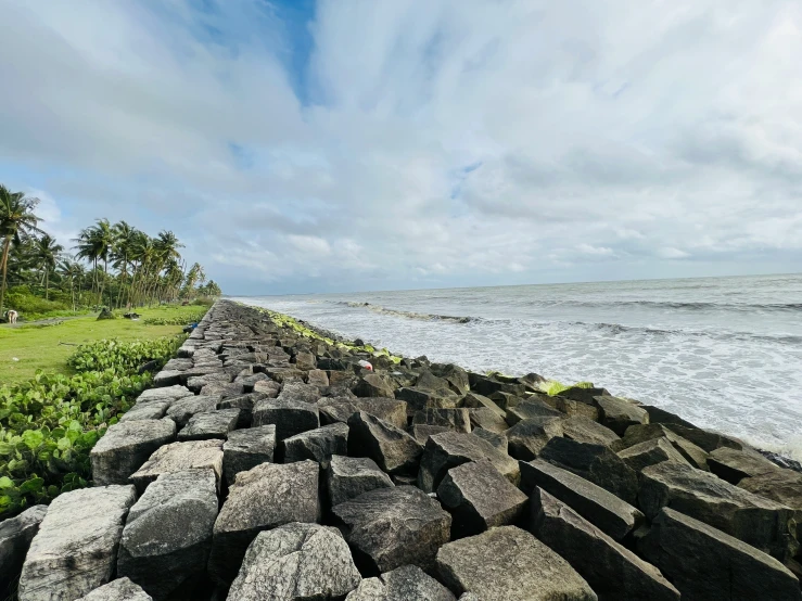 large rocks near an ocean and grassy field