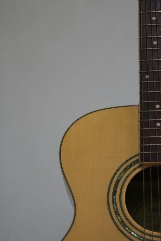 a guitar sits against a wall