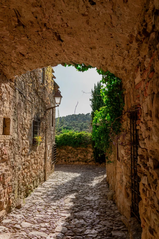 a stone street and small house with a bridge