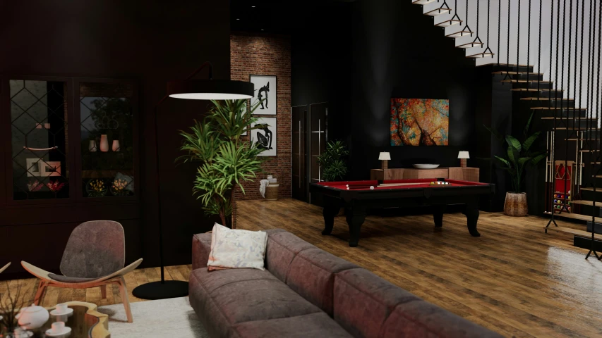 the dark living room features a pool table, a piano, and sofa