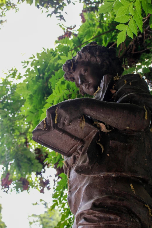 a statue in the shade is shown near green trees