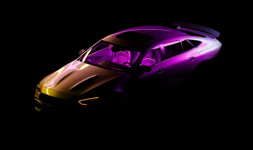an orange, purple and black sports car is in the dark