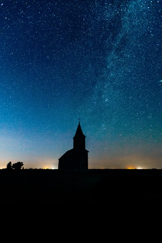 the church is at night and the stars are above