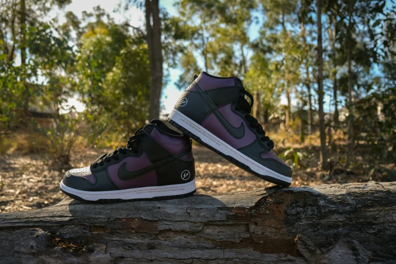 two black and white sneakers sitting on top of a tree log