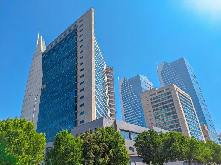 a group of tall buildings that have trees in front of them