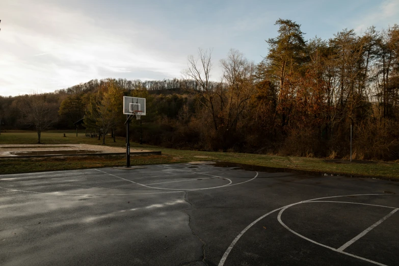 an empty basketball court surrounded by trees with a basket