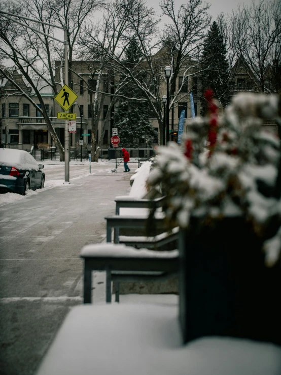 park benches are covered in snow next to the sidewalk