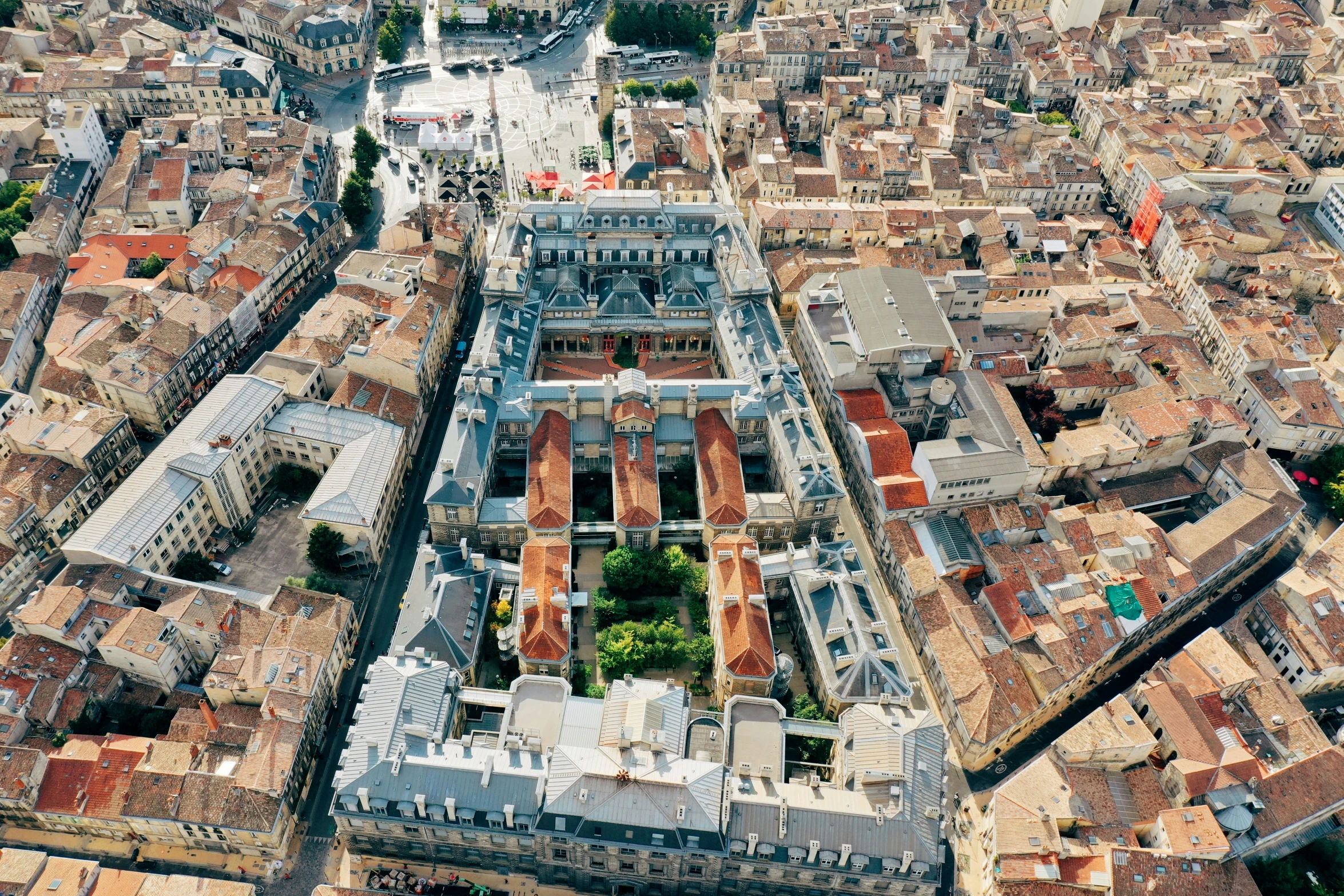 a view from the air looking down on a city