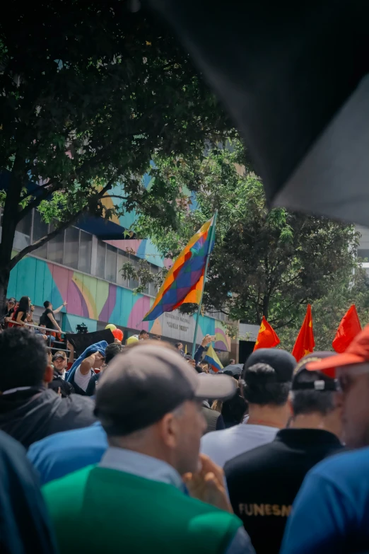 several men in the crowd holding flags and hats