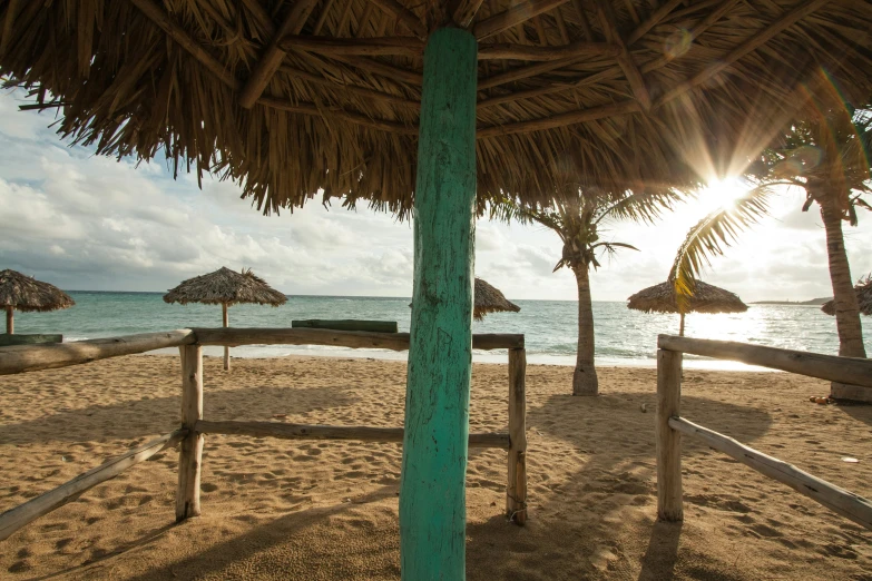 the beach has that sun shining through straw umbrellas