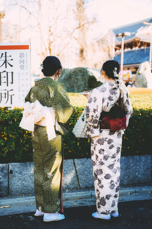 two women standing on the street in geisha