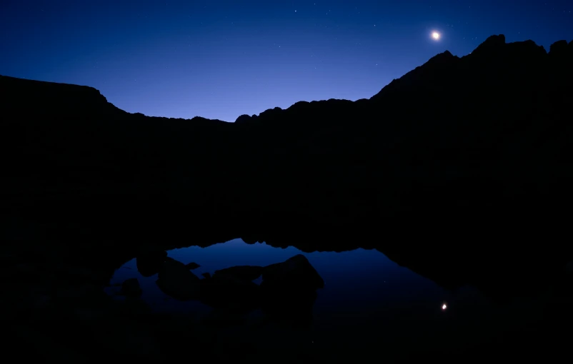 mountain range at night reflected in the still water