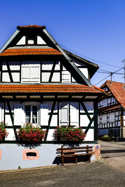 a large house with flowers in the pot next to it