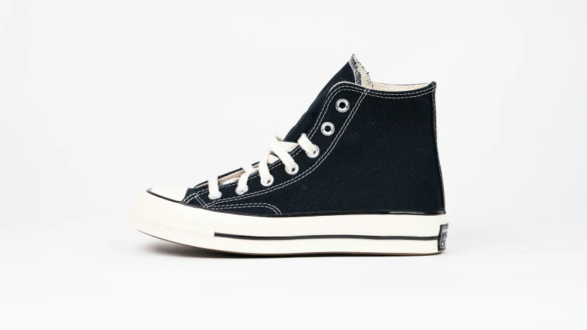 a pair of black converse sneakers on a white background