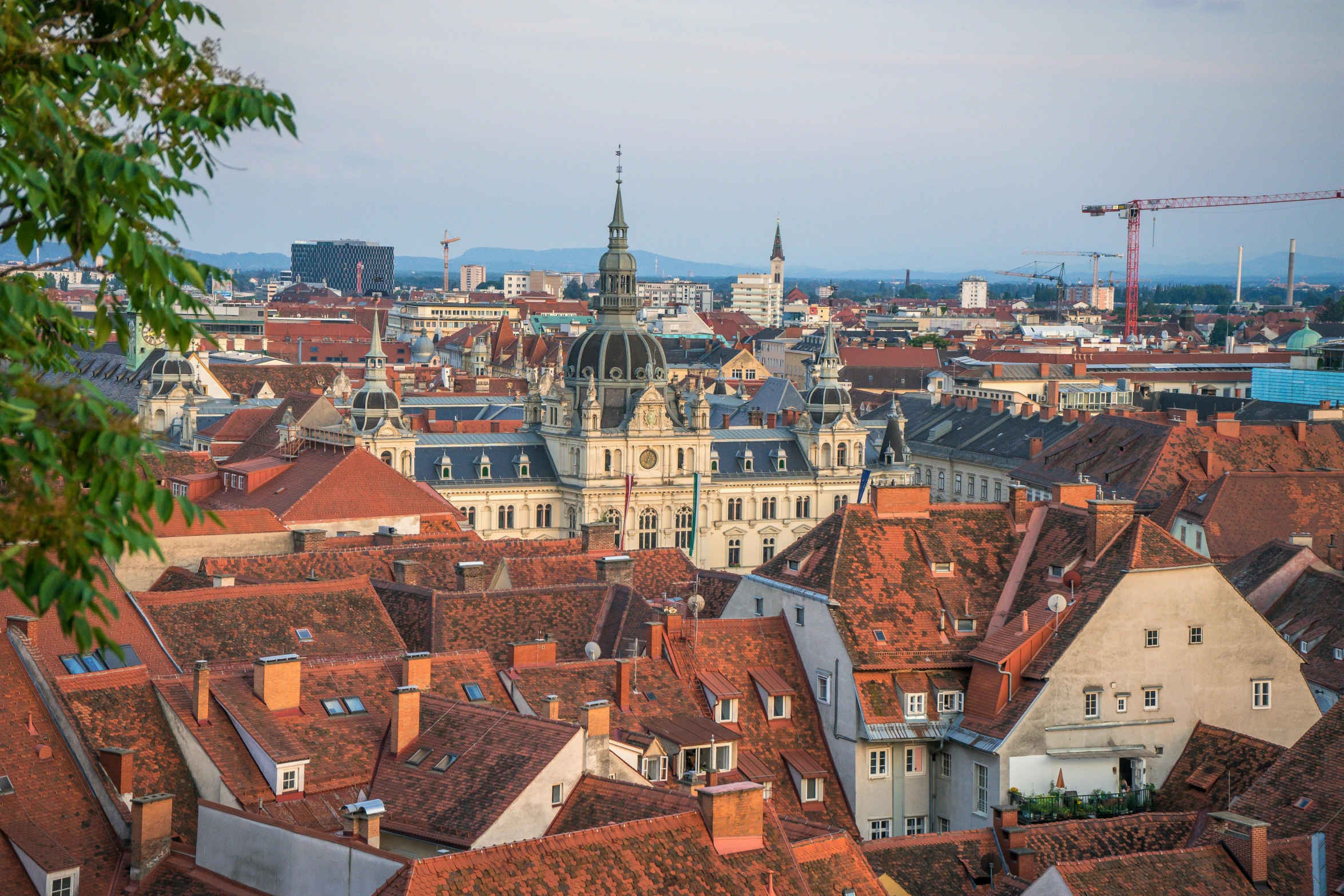 this is a city with roofs and buildings