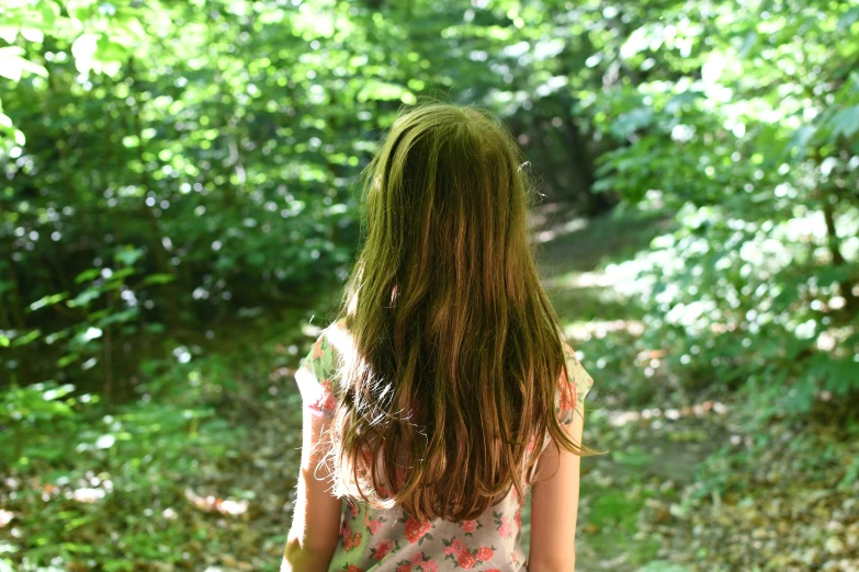 back view of a woman walking in the woods