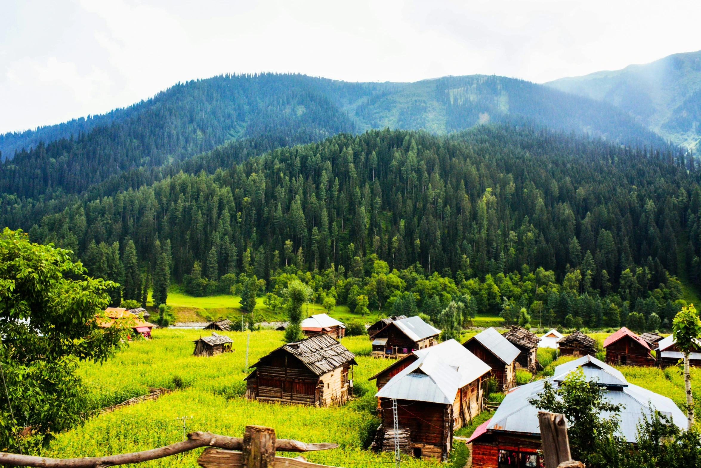 an area with grass and houses with hills in the background