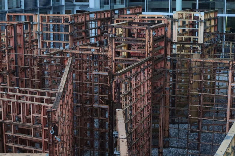 several identical buildings made of wooden boards all stacked on each other