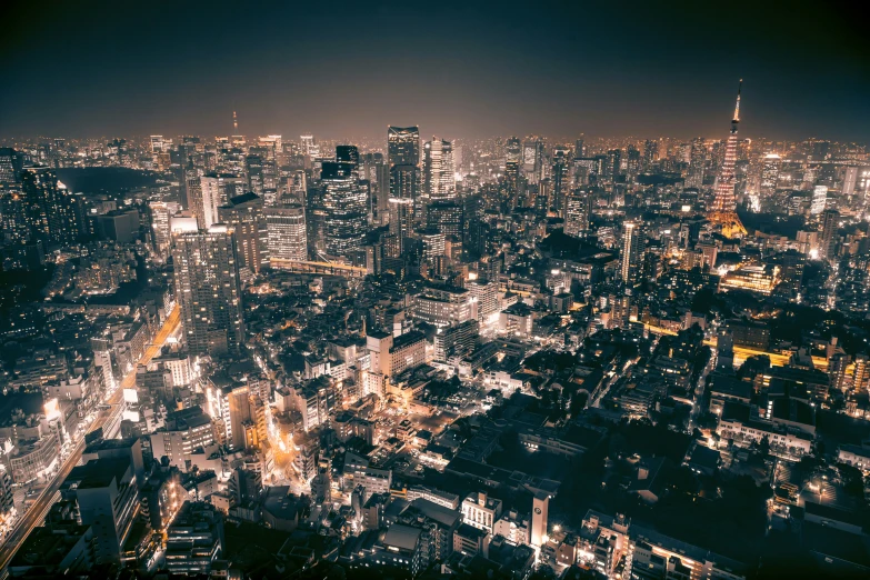 a view of a city at night from above
