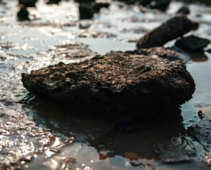 a rocky beach covered in water and rocks