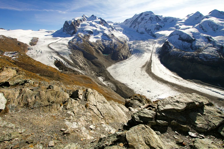 the view of snow covered mountains from a rocky slope