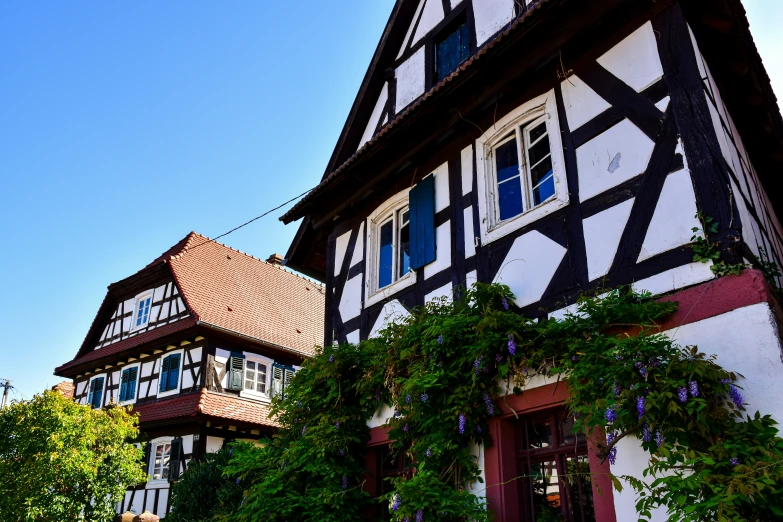 a building with two storying architecture in a garden