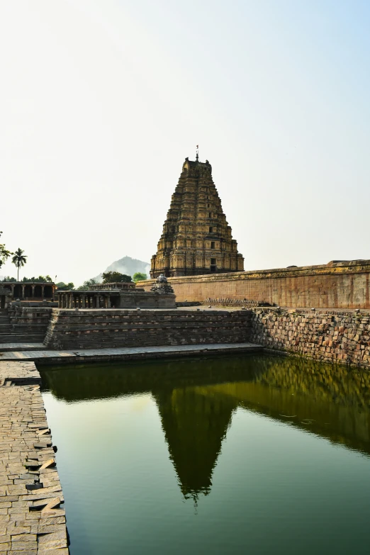 the reflection of the indian temple as it sits on the water