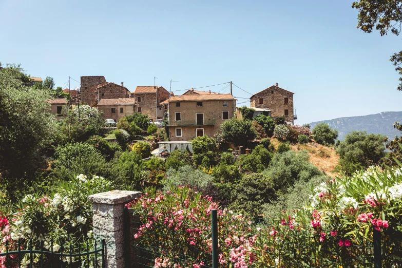 a view of a village on a hill in the distance