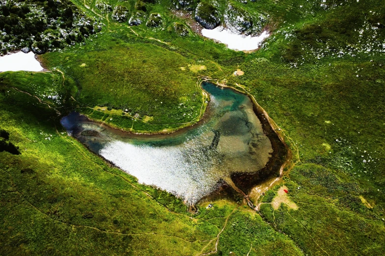 the green river is surrounded by lush grass