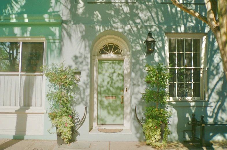 an open door is flanked by two potted plants