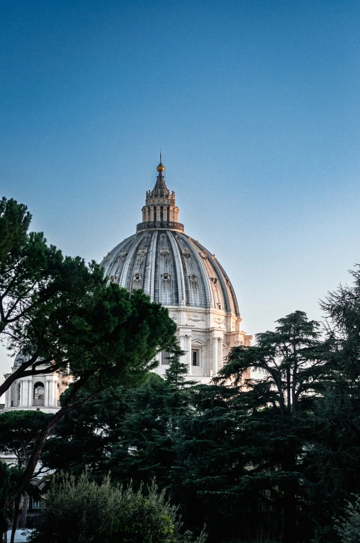 a domed building with an array of greenery around it