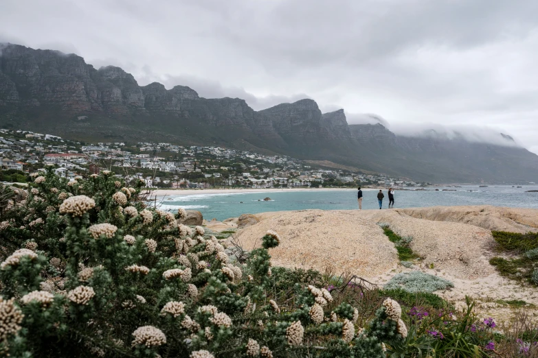 two people are walking on the beach next to the water