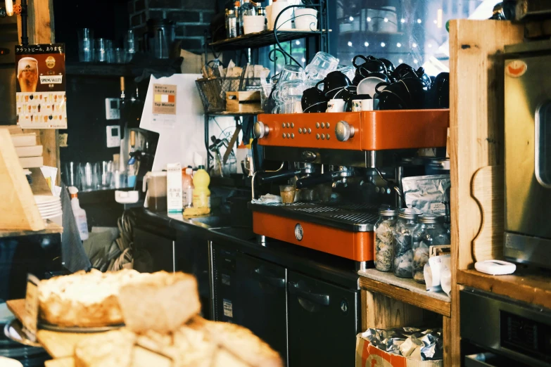 the kitchen is stocked with plates and pans