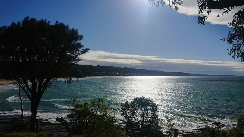 a scenic view looking out over a blue water with trees on the shore