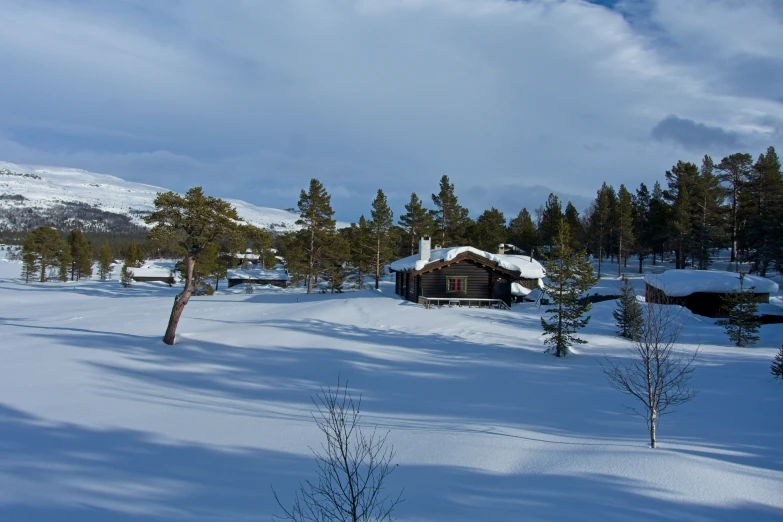 a cabin on a snowy hill in the woods