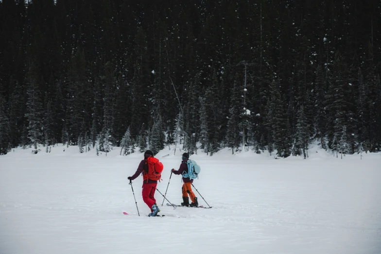 two skiers in the snow, one is standing with poles