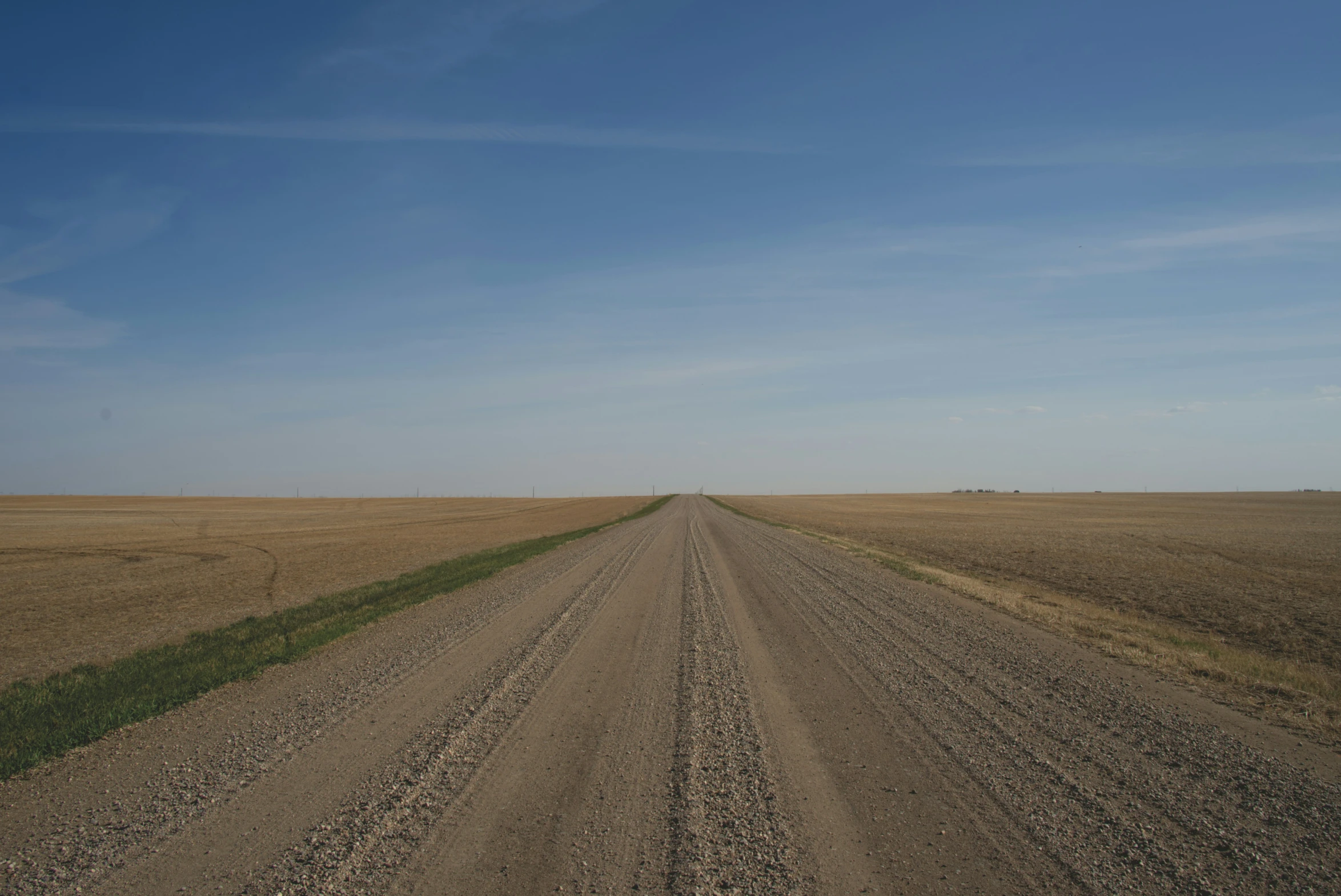 a dirt road and grassy field with blue sky in the background