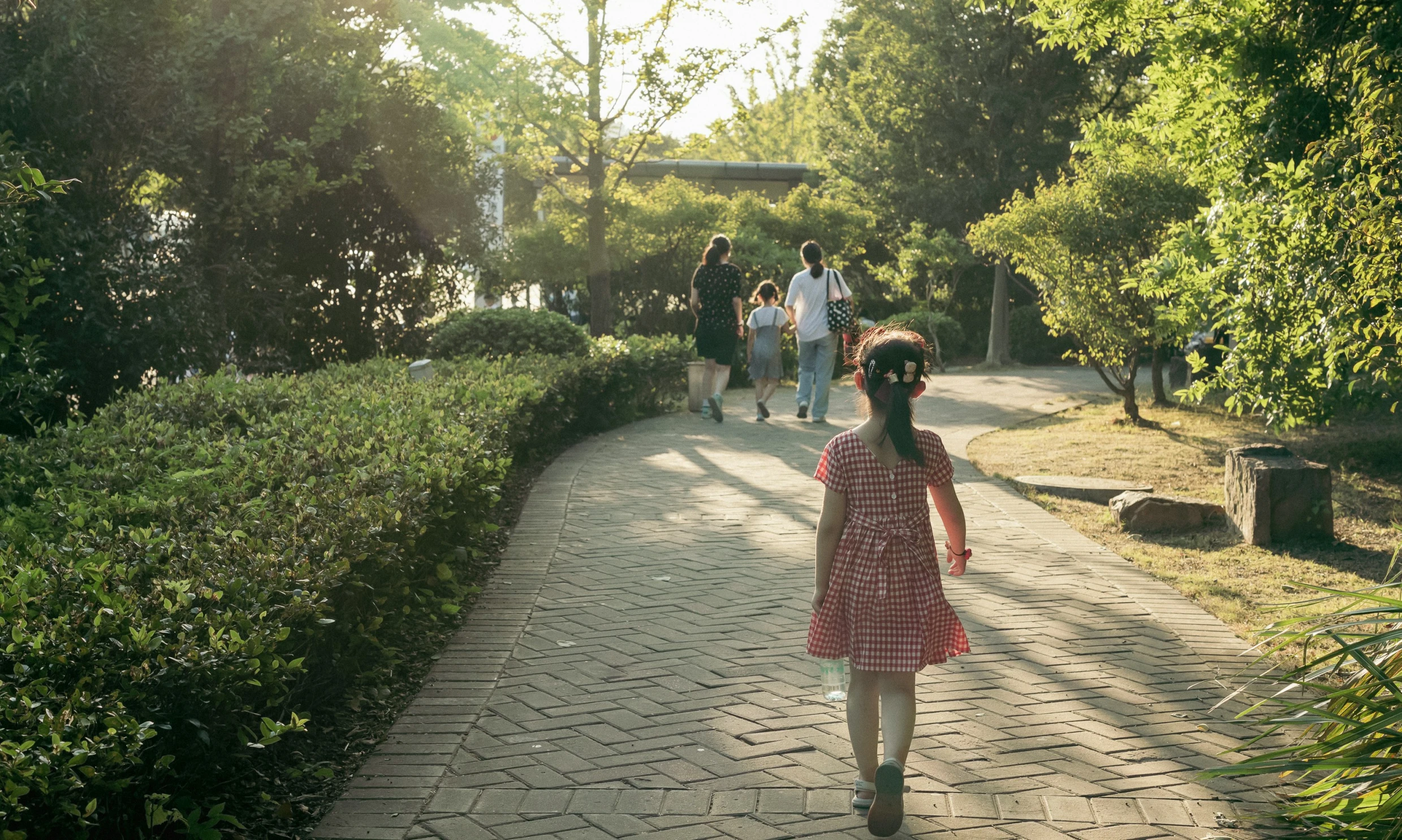 a  walking on the sidewalk of a park