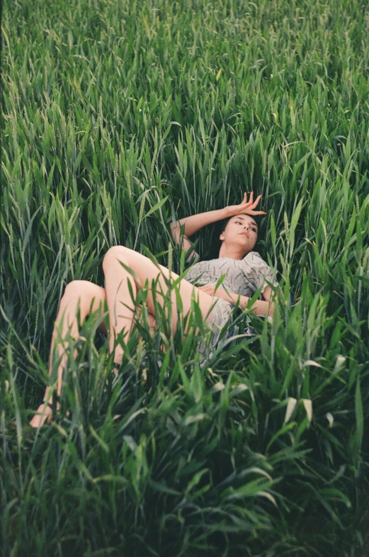 a woman lying in tall grass with her hands on her head
