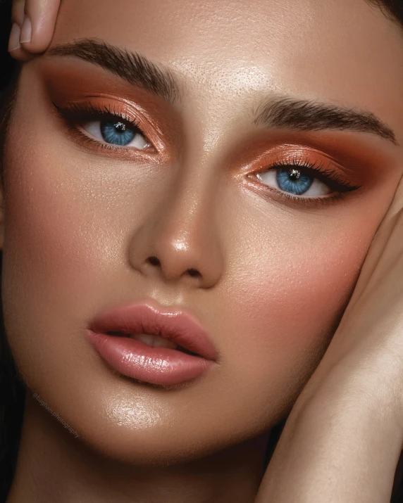 a woman with blue eyes and orange makeup looks straight ahead