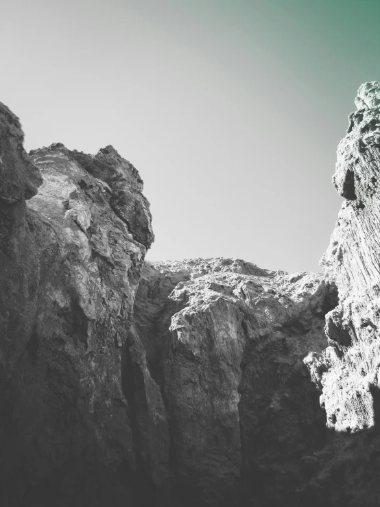 a black and white po of some rocky formations