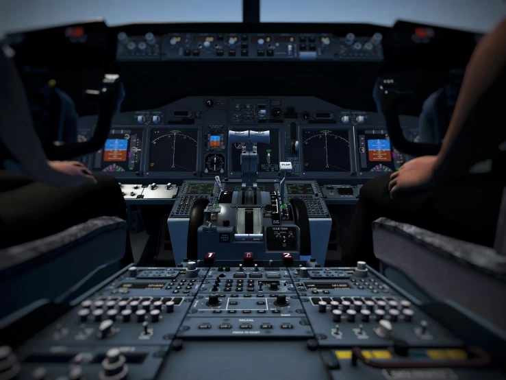 a passenger jet cockpit with ons, controls and electronic